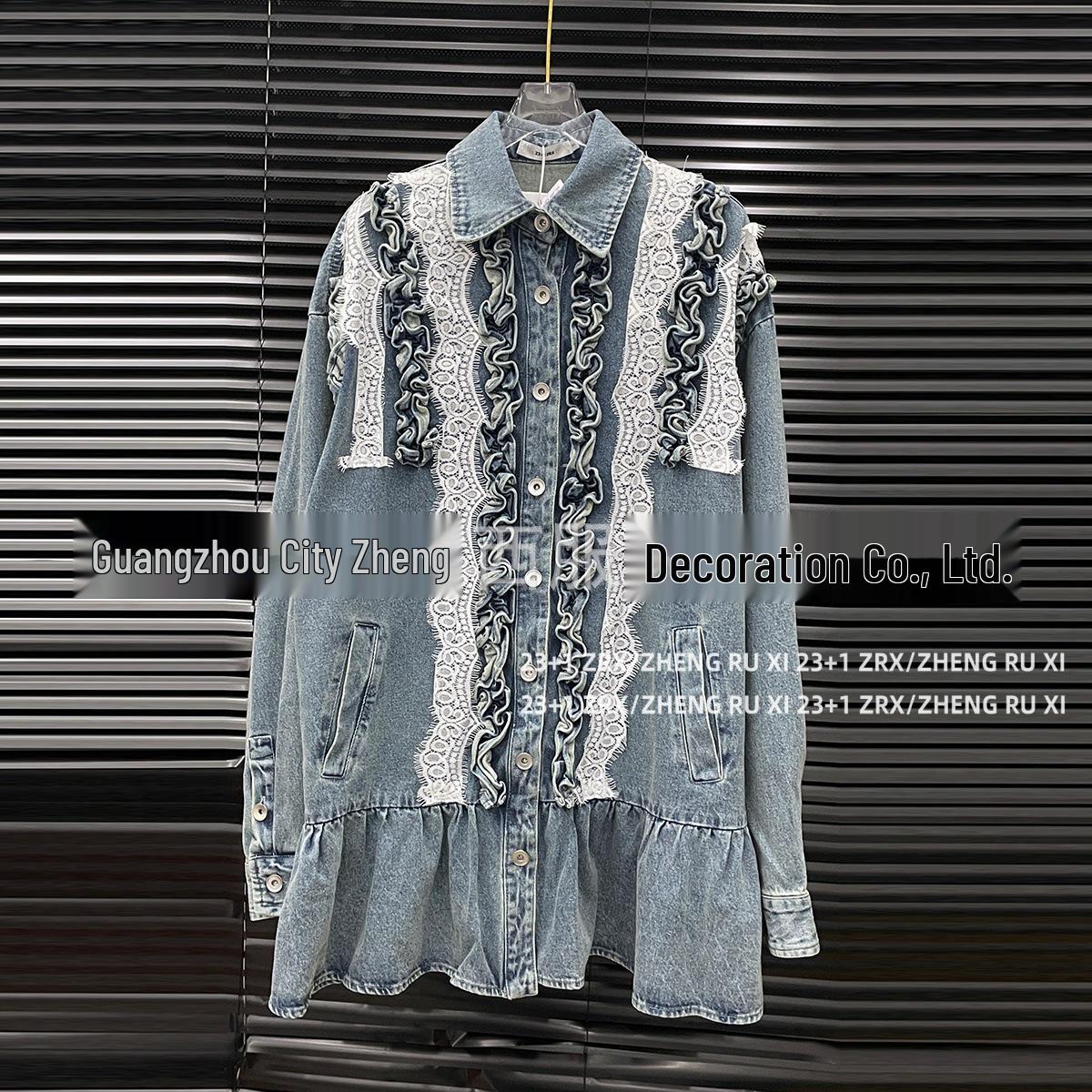 

2026 Spring Niche Denim Dress: Lace Patchwork, Ruffled, Loose Fit, Long Sleeve, Lapel Mid-Length for Women M синій