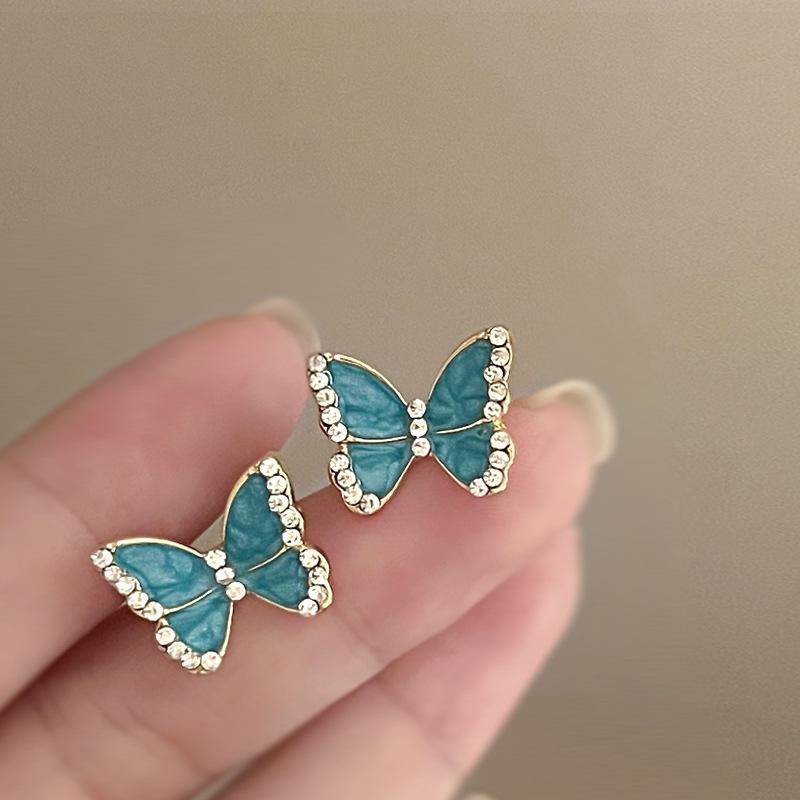 Silver Needle Butterfly Heart Earrings with Blue Gradient Drip - Elegant Autumn/Winter Studs