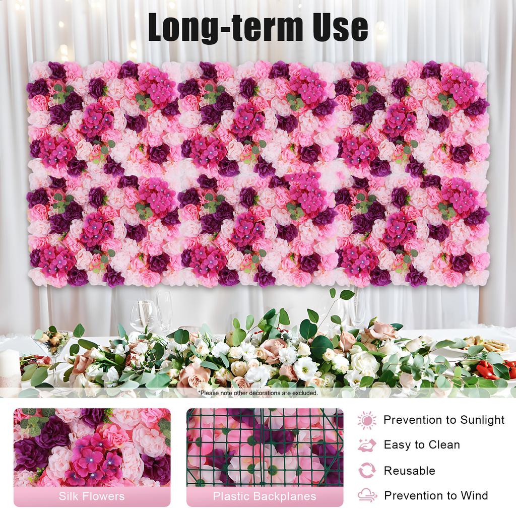 6-Pack Artificial Flower Wall Panel,Pink Purple Silk Dahlia Hydrangea Backdrop for Wedding Home Garden Decor,Privacy Screen Wall