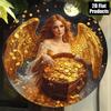 Vintage Metal Wall Art Round 8 Inch Golden Coins Angel Wealth God Home Decor Gift