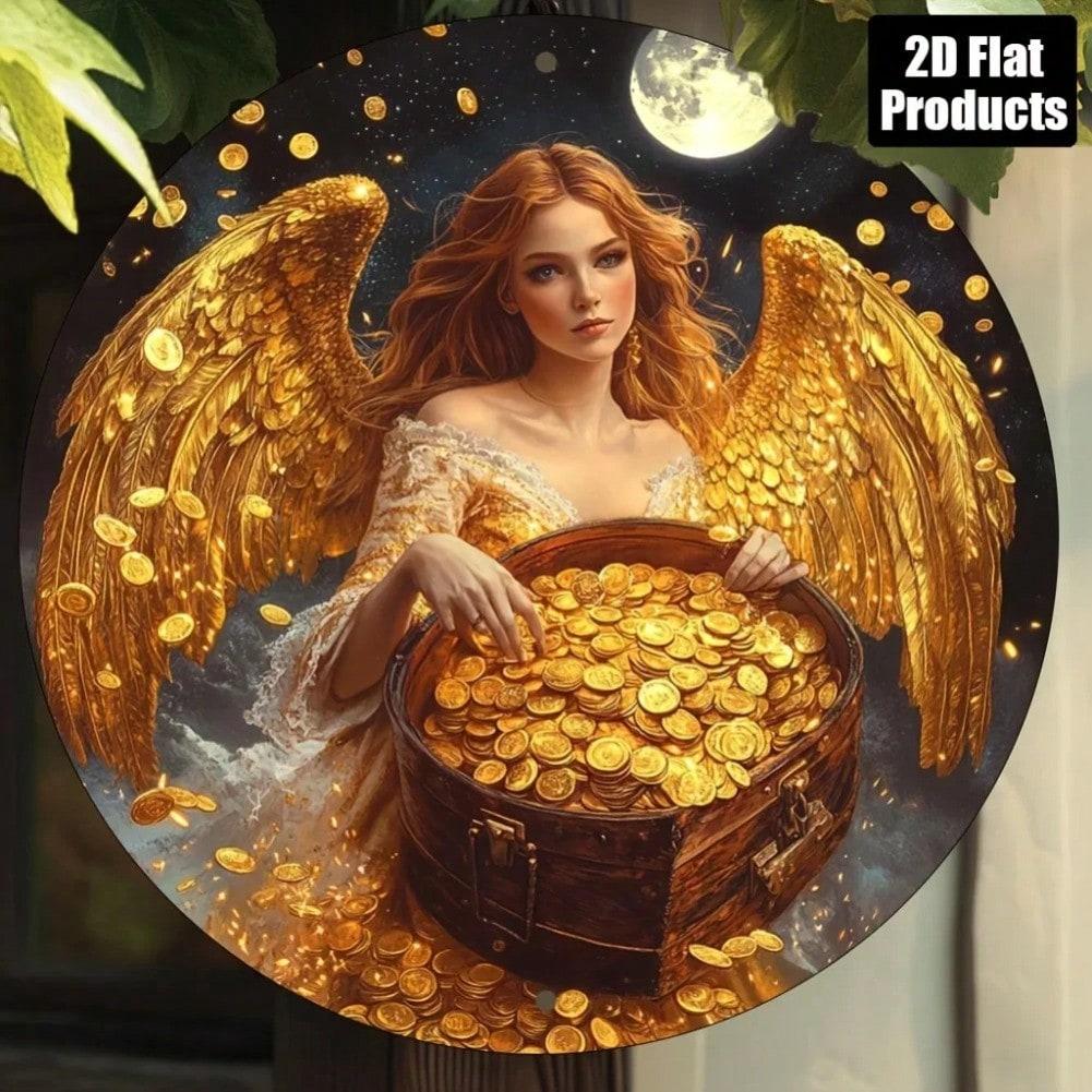 Vintage Metal Wall Art Round 8 Inch Golden Coins Angel Wealth God Home Decor Gift