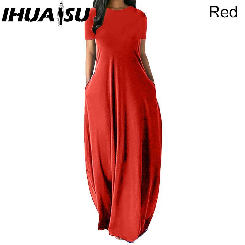 IHUASU Women Casual Loose Long Dress O-Neck Short Sleeve Summer Beach Dress Elegant Party Dress