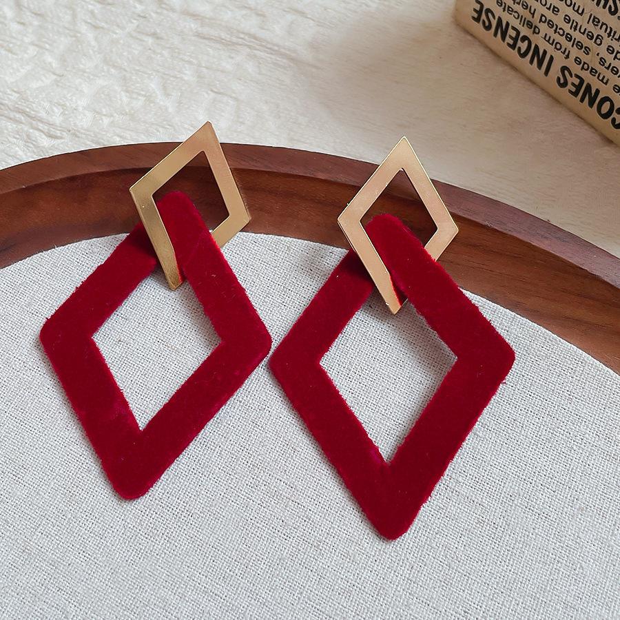 Retro Hong Kong Style Red Flocking Geometric Round Earrings Earrings Fashion Personality Temperament Earrings Women