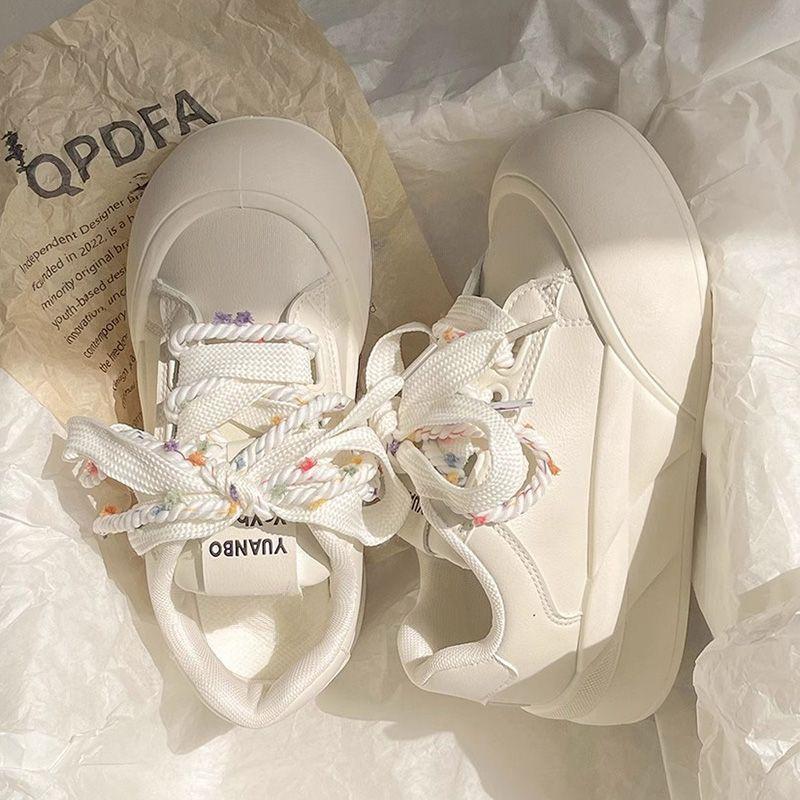 Milk Fufu with Skirt Little White Shoes Women's Autumn 2024 Round Head Ugly Cute Shoes Casual Versatile Low Top Thick Baseplate Shoes