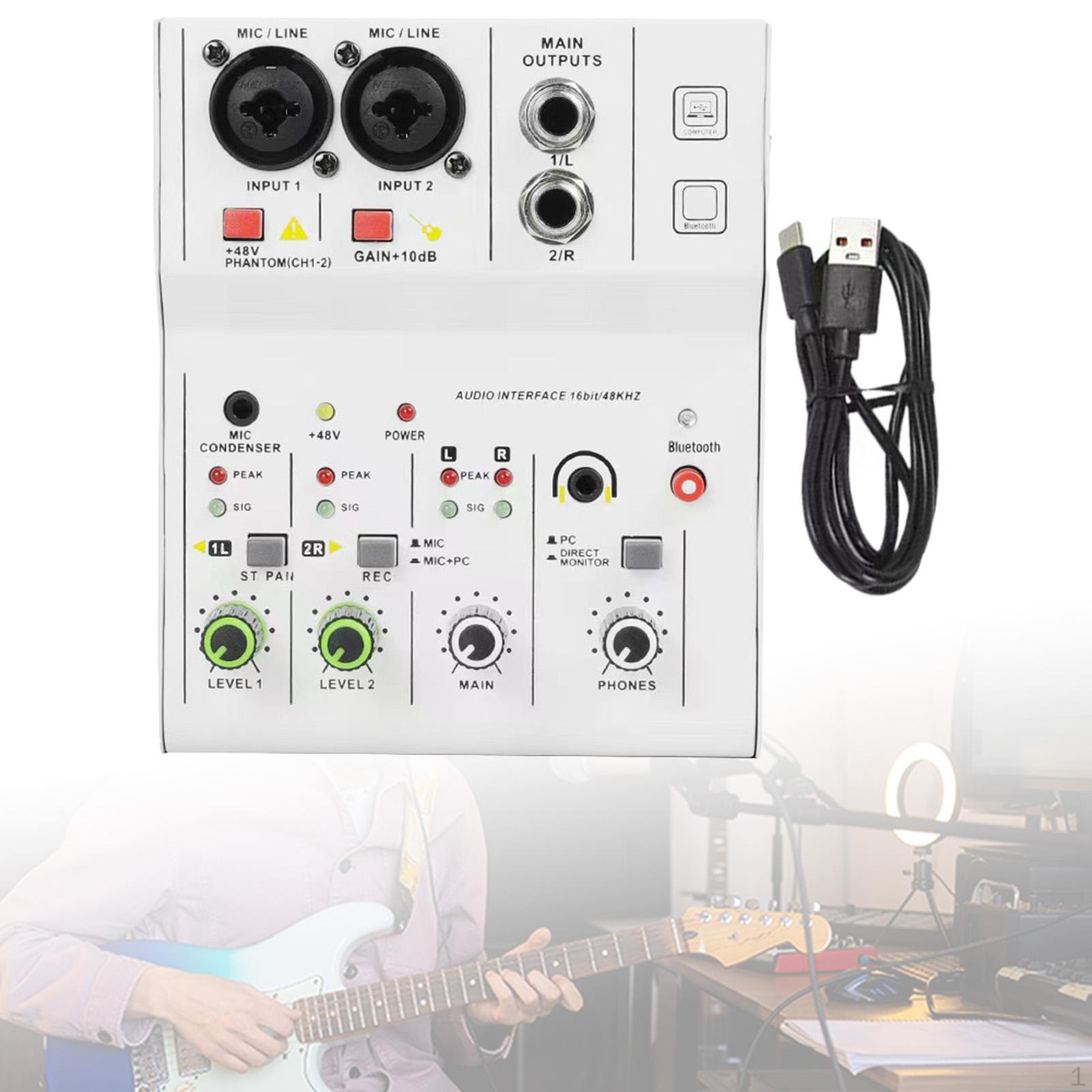 

2 Channel Audio Mixer Interface 48V Power Lightweight Mixing Professional for Karaoke Home білий