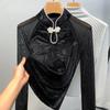 Women's Autumn and Winter Mesh Bottom Pearl Plate Button Long Sleeve Inner Velvet Top
