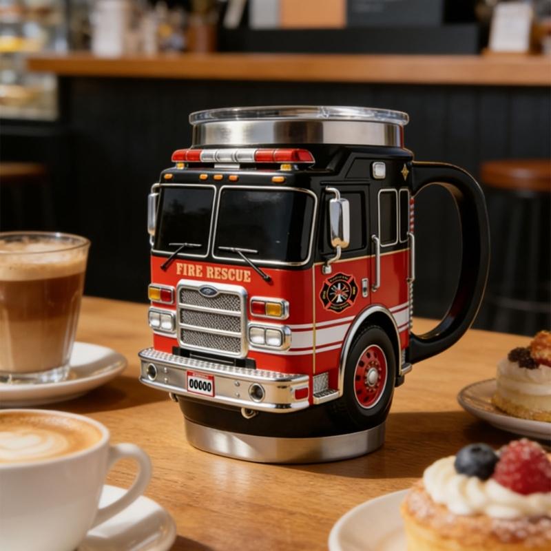 Portable Insulated Fire Truck Shape Coffee Cup with Detailed Design Drinking Cup Suitable for Gift Givings or Individual