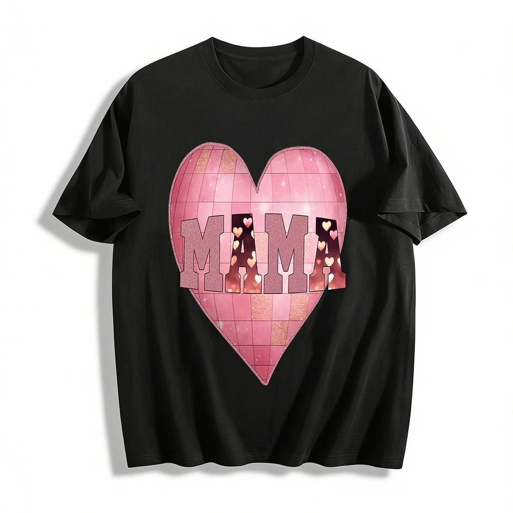 Glitter Heart Mama Letter Print Casual Short Sleeve T-Shirt Pure cotton T-shirt XXS