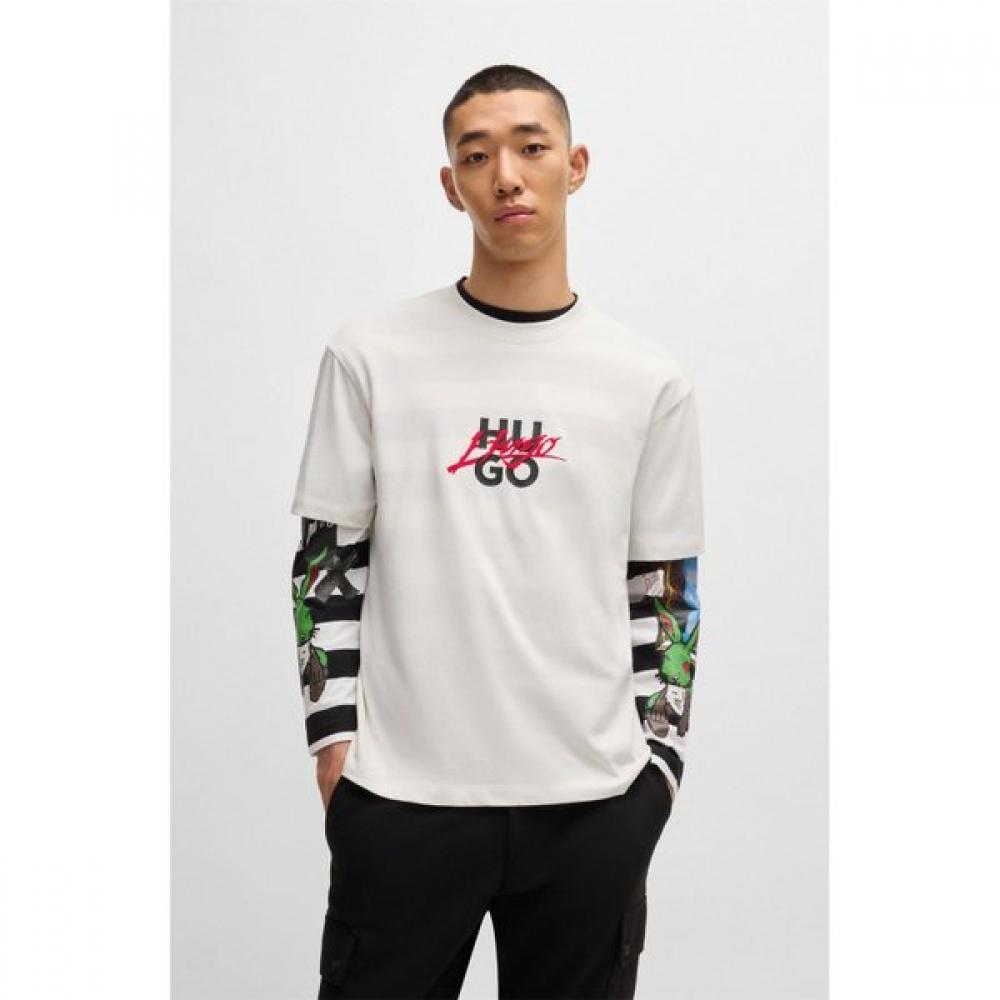 Hugo RelaxfiT Double Logo CoTTon T shirT naTural  50521076101 XXL