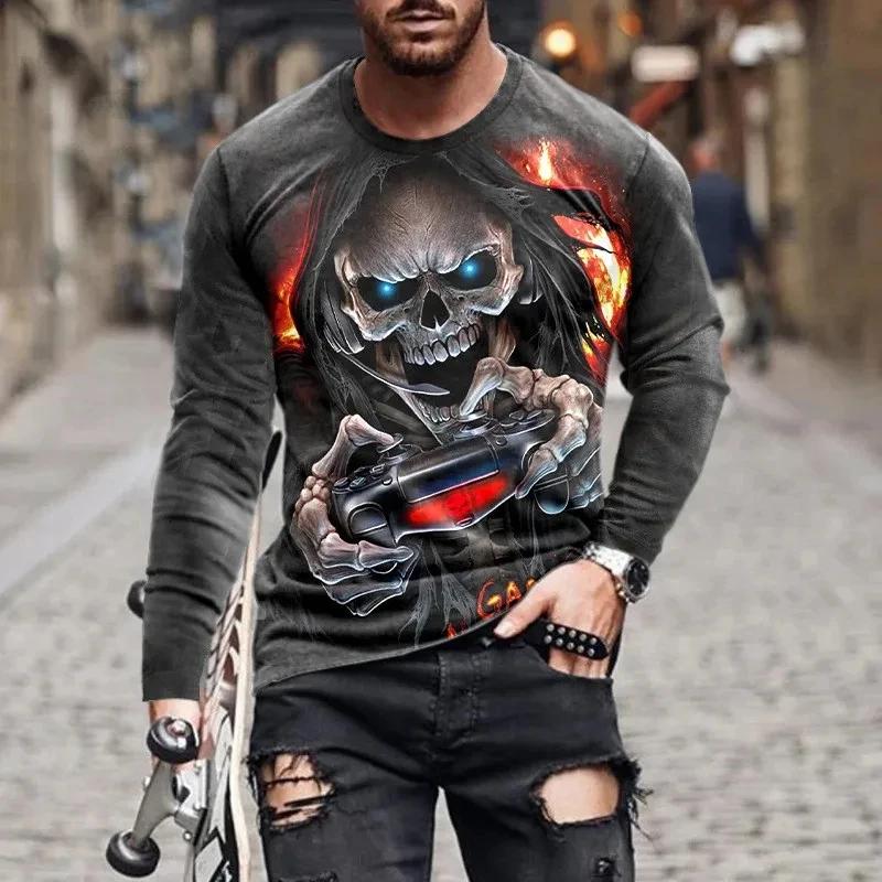 Round Neck 3D Skull Printed T-shirts Casual Short Sleeved Men's T-shirts - Soft Medium Stretch Polyester Fabric Spring and Autumn Relaxed Fit Clothing