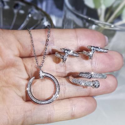 New Personality Rivet Ring Set for Women Jewelry 100% AAAA Zircon Earrings Necklace Adjustable Ring Set Wedding Jewelry