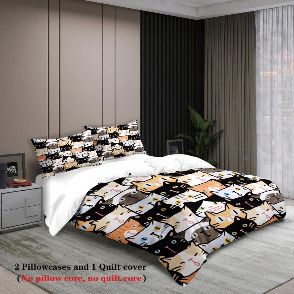 3Pcs Cat Face Bedding Sets 3D Printed Cute Cartoon Cat Dormitory Twin Size For Students Duvet Cover Sets With 2Pillowcases