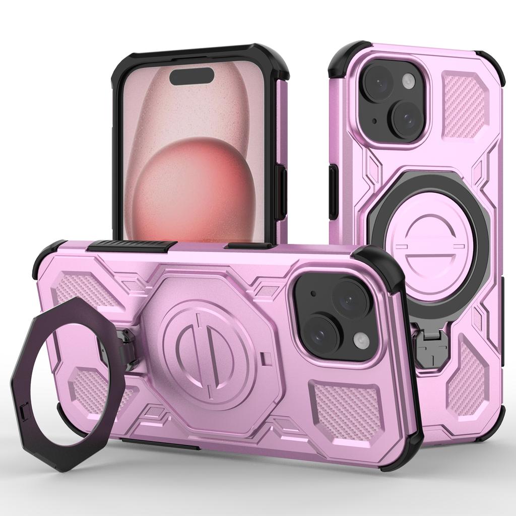 For iPhone 15 Magnetic Case Rotating Metal Kickstand Shockproof PC+TPU Phone Back Cover