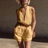 Women's Sleeveless V-Neck Zip Pocket Jumpsuit - Color Casual Loose Romper for Summer, Beach, Travel