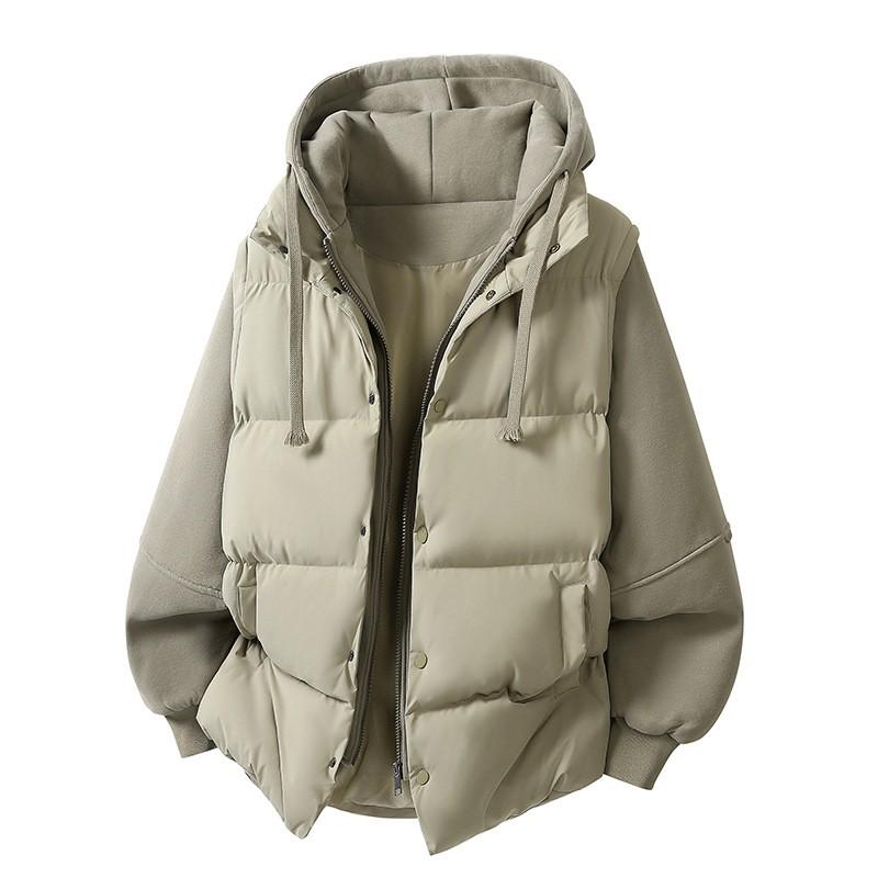 Mens Winter Puffer Jacket Faux Two-Piece Thick Hooded Loose Cotton Coat Teens