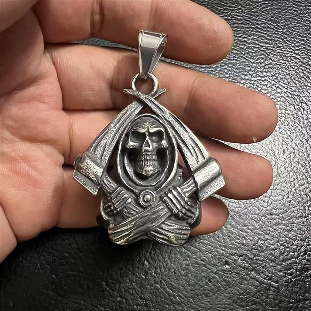 Santa Muerte Bell Stainless Steel Pendant Necklace Our Lady of Holy Death Double Scythes Mexican Grim Reaper Skull Jewelry