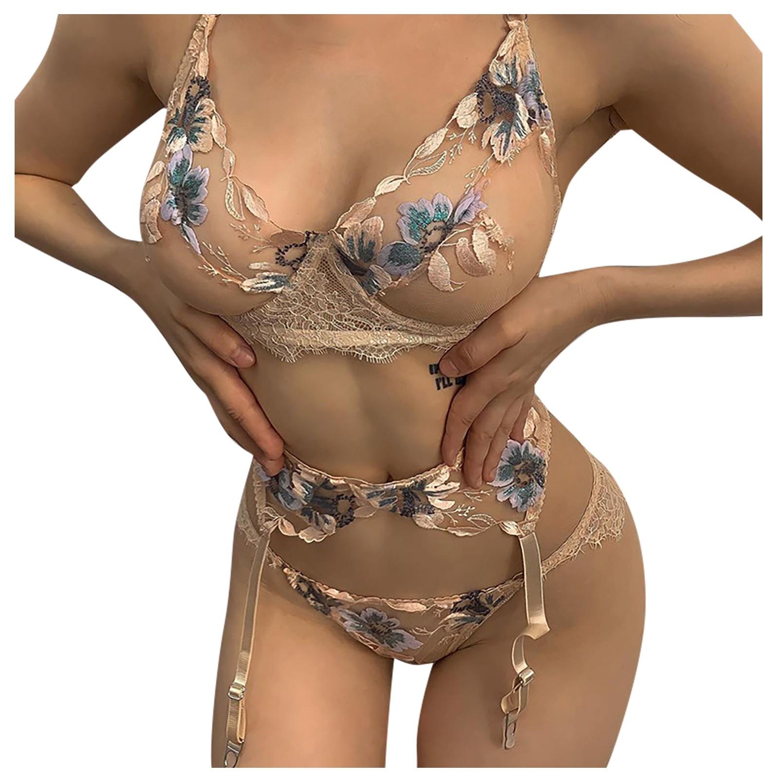 Женское сексуальное женское белье, сетчатое кружевное нижнее белье с вышивкой, комплект из трех предметов XXL
