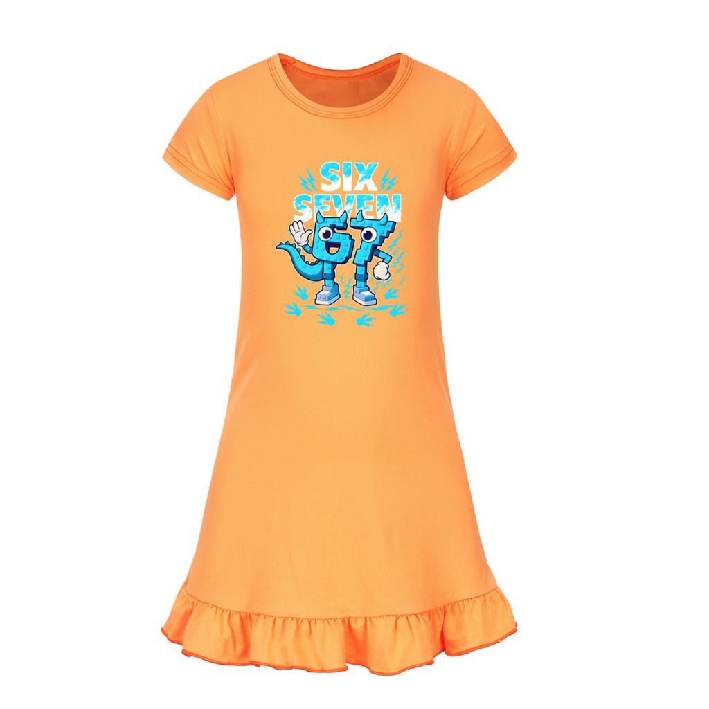 5192 Kids Girls Steal a Brainrot 67 Six Seven Printed Ruffle Short Sleeves Casual Dress