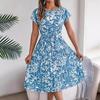 Women Floral Pleated High Waist A Line Long Dress Short Sleeve Spring Summer