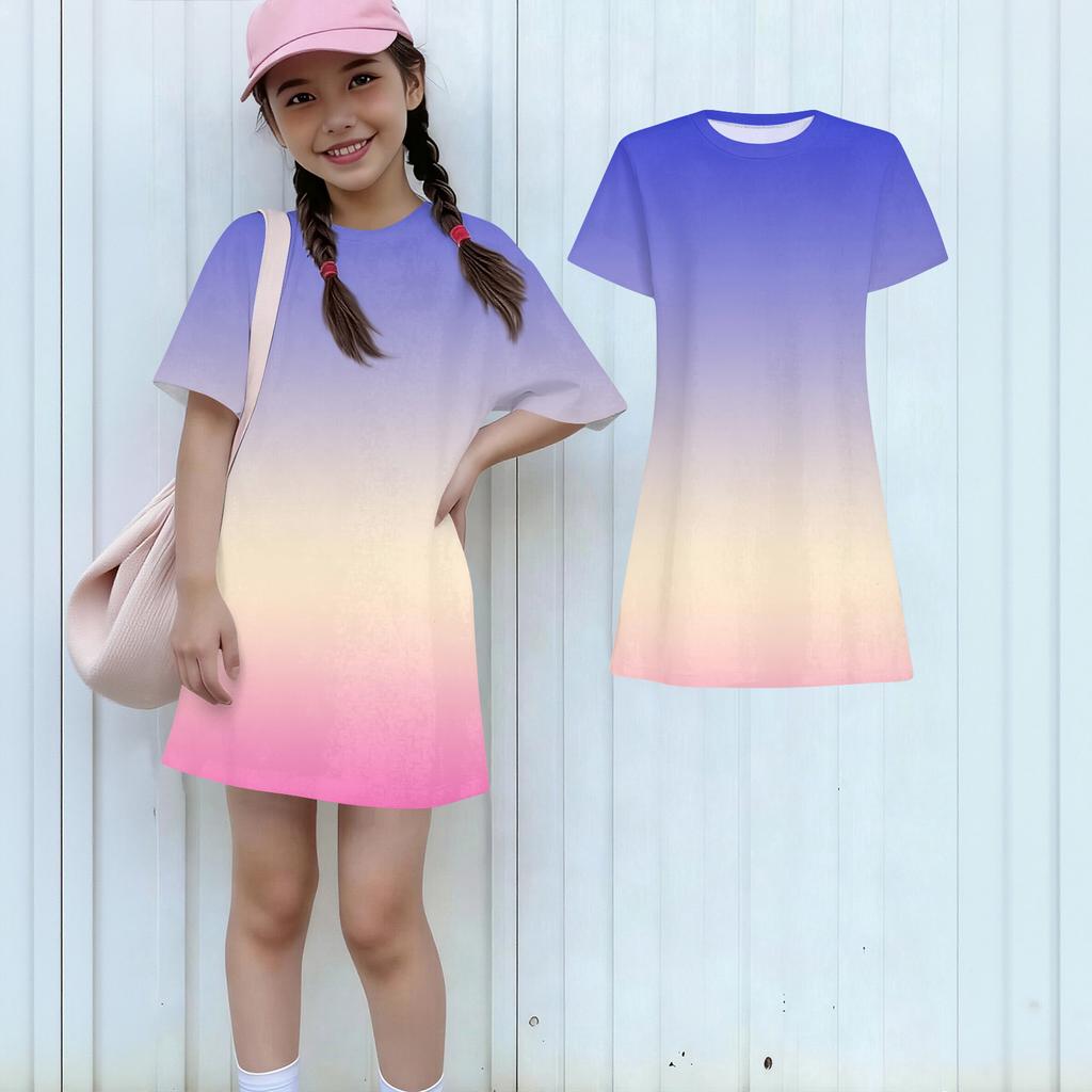 Girls Casual Sundress Kids Loose Round Neck Short Sleeve Lightweight Dress