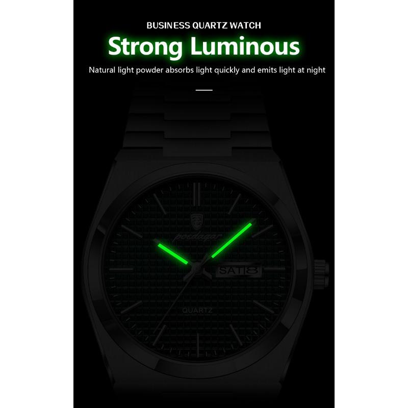 POEDAGAR Luxury Business Men's Quartz Watches Date Week Man Stainless Steel Watch Waterproof Luminous Fashion Wristwatch+Box