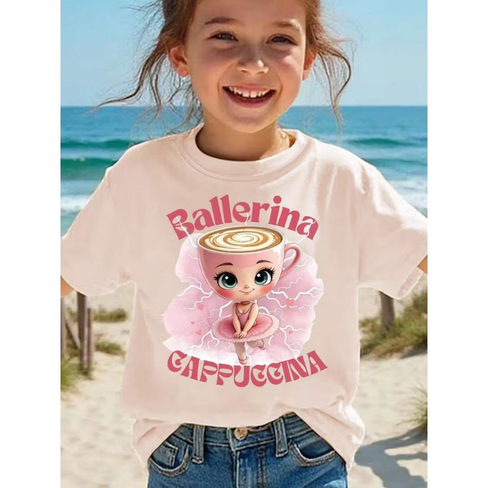 T-shirt Bambini Animali Brainrot Italiani Ballerina Cappuccino Manica Corta per Bambini Divertente Meme Carino Maglietta Estate