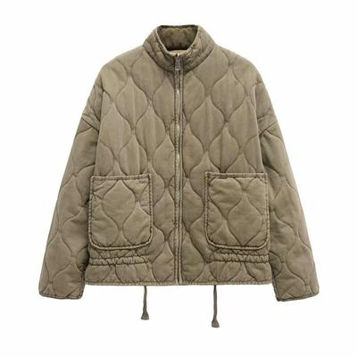 Damen Hochkragen Große Tasche Vintage Jacke Design Dekorativer Steppmantel für Damen