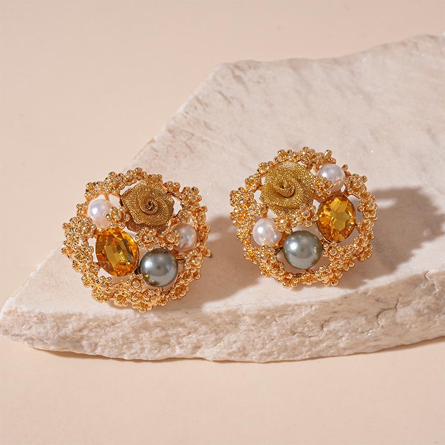 Vintage Metallic Rhinestone & Faux Pearl Flower Sterling Silver Stud Earrings - French Court Style for Women