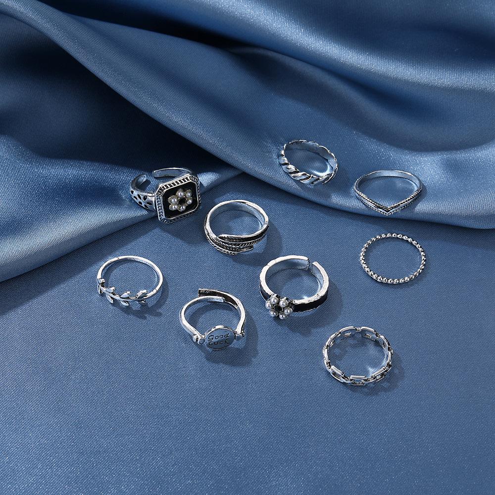 Retro Personality Point Small Pearl English Good Luck Feather Chain Hollow Opening 9 Pieces Set Ring