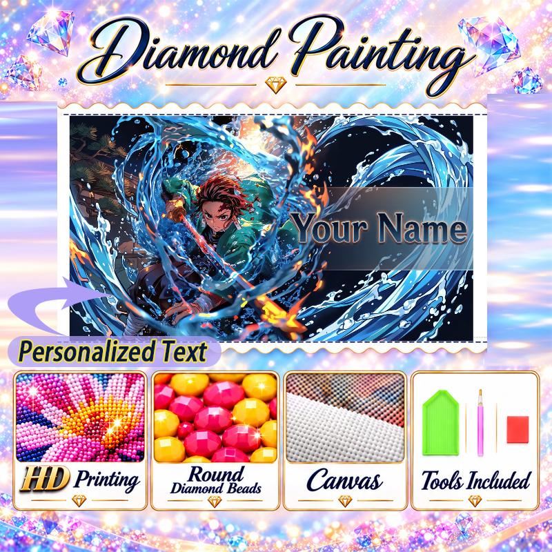 Tanjiro Kamado 5D DIY Diamond Painting Custom Name Text, Full Drill Rhinestone Mosaic Art Home Gift