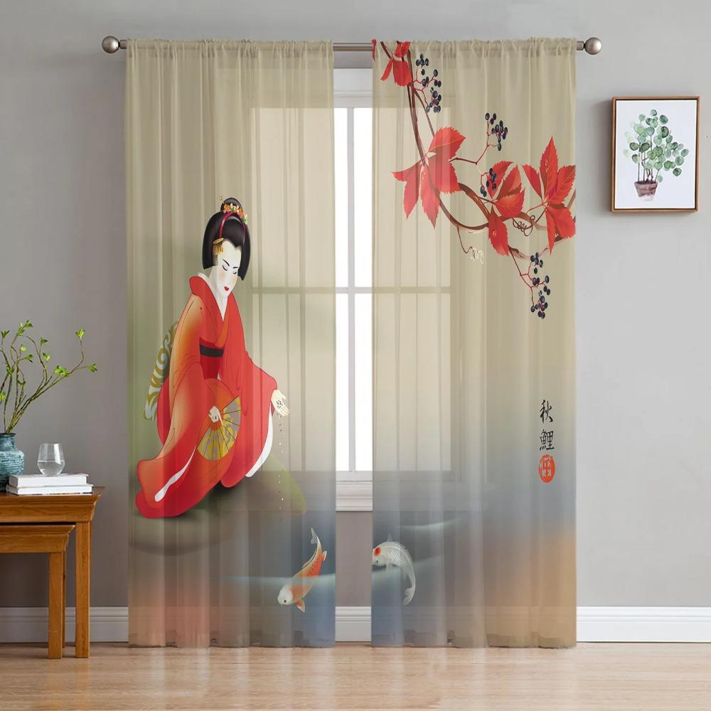 Kimono Japanese Female Geisha Curtain For Living Room Transparent Tulle Curtains Window Sheer For The Bedroom Accessories Decor