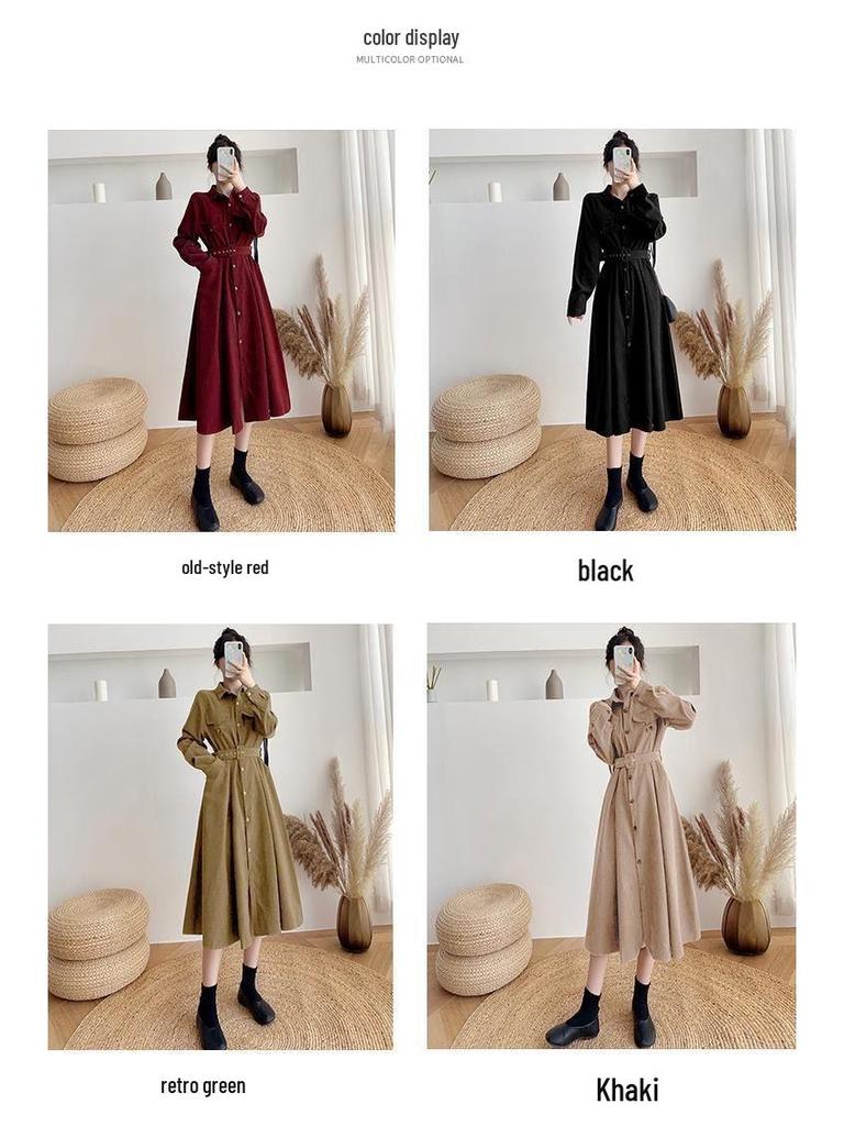 Korean Style Waist-Hugging Corduroy Shirt Dress - Women's Mid-Length, Single-Breasted, Long Sleeve, Over-the-Knee for Fall/Winter