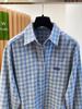 Women's Blue-Gray Plaid Embroidered Lapel Shirt - Korean Style, Relaxed Fit, Soft Brushed, Long Sleeve Layering
