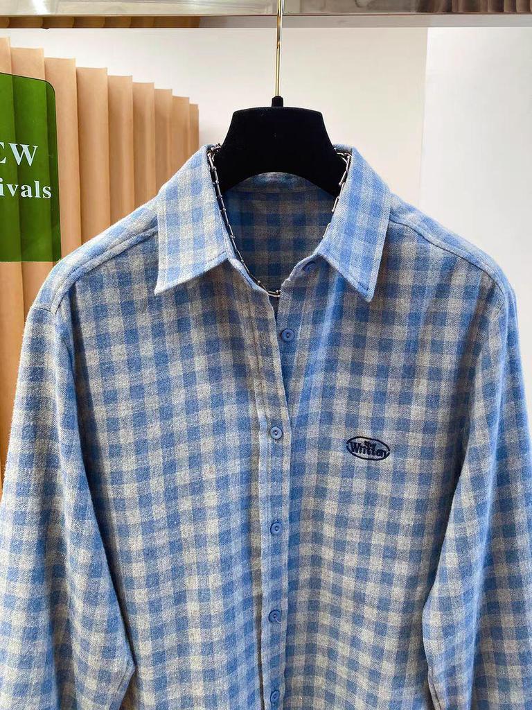 Women's Blue-Gray Plaid Embroidered Lapel Shirt - Korean Style, Relaxed Fit, Soft Brushed, Long Sleeve Layering