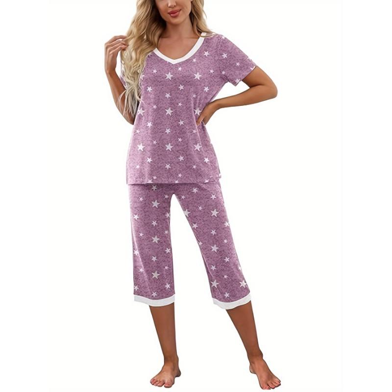 Damen Freizeit Pyjama Set mit Sternenprint - V-Ausschnitt Kurzarm Oberteil & Shorts mit Taschen, Polyester-Mischung, Perfekt für Frühling/Sommer, Pyjama mit entspannter Passform