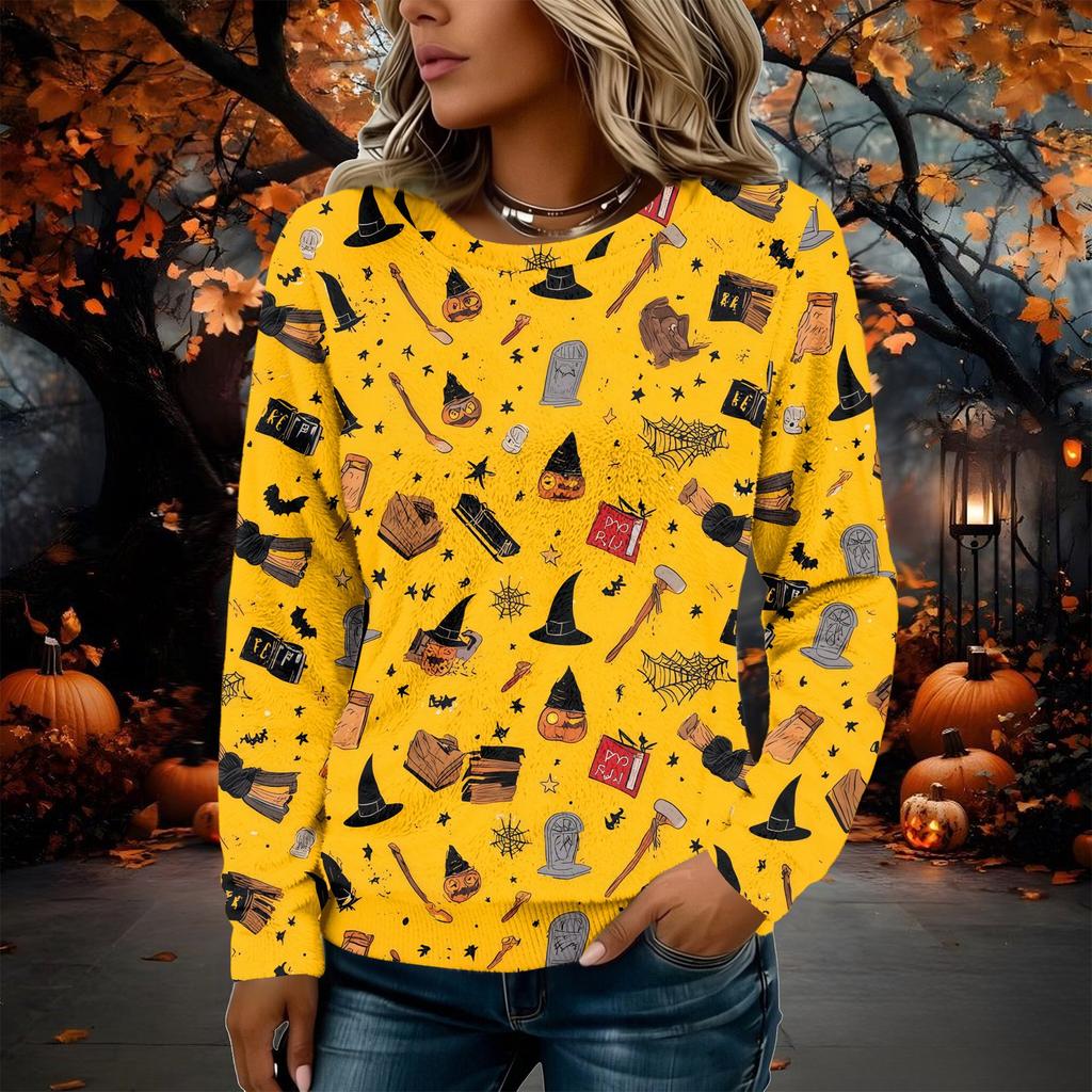 Women's Flannel Long Sleeve Top with Halloween Print Neck Pullover Shirt