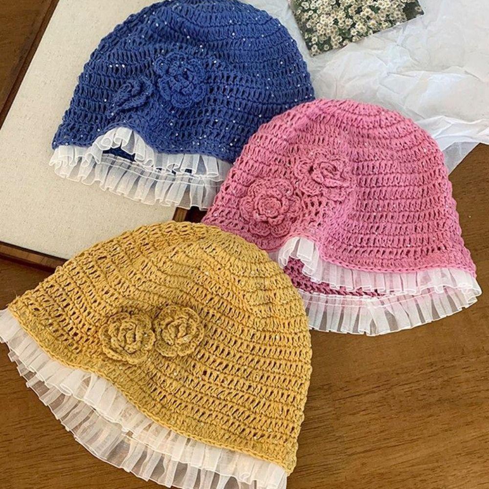 Hollow Out Lace Beanies Hat Glitter Sequin Knitted Hat Cute Crochet Flower Hat  Apparel Accessories