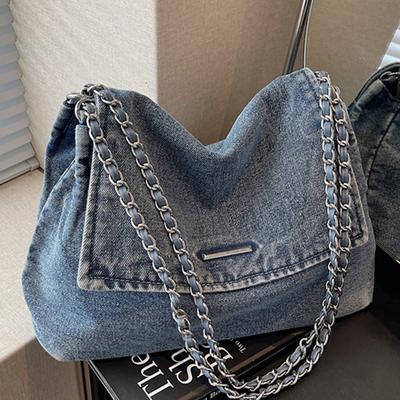 New Chain Large Capacity Denim Tote Bag Casual College Student Shopping Bag Commuter Shoulder Messenger Bag