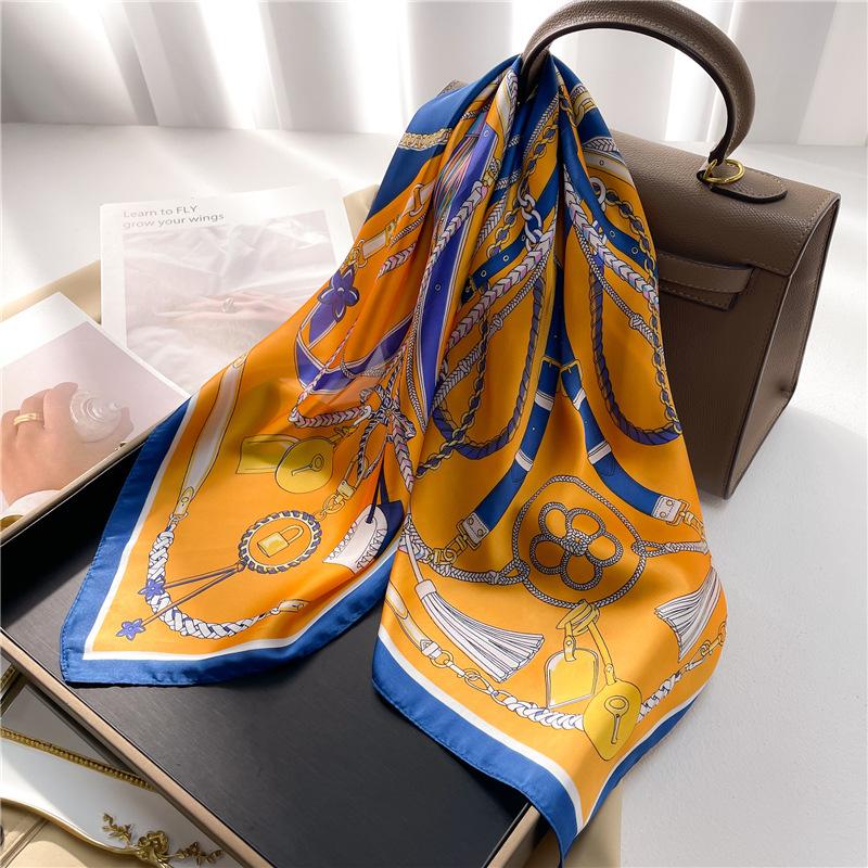 Silk Scarf Women'S Scarf Shawl 70Cm Korean Small Square Scarf Satin Surface Print Sun-Proof Headscarf