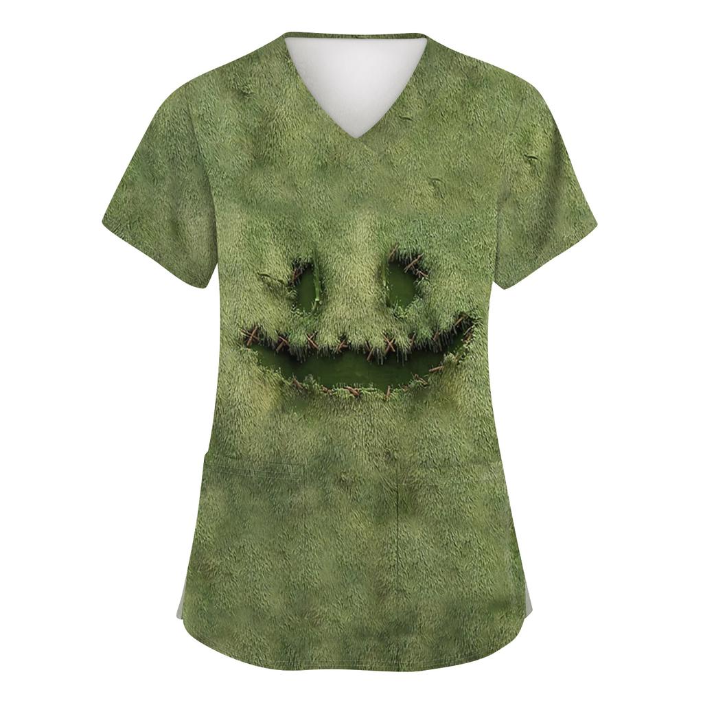 Women's Fashion Short Sleeve Halloween Print V-Neck Pocket Workwear Tops