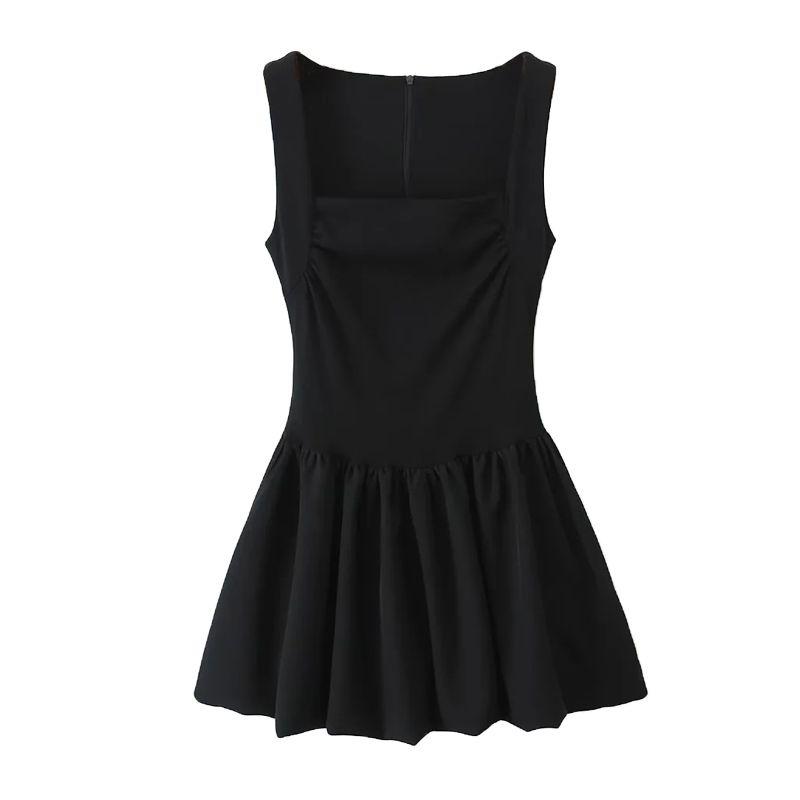 

Fall and Winter New Women s Clothing French Style Design Sleeveless Square Collar A- line Short Puffy Hem Sling Dress Black L
