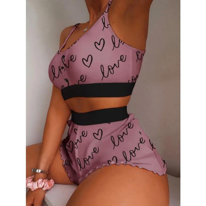 GMXIA Fashionable Strawberry Printed Halter Two-piece Home Wear and Sweet Pajamas