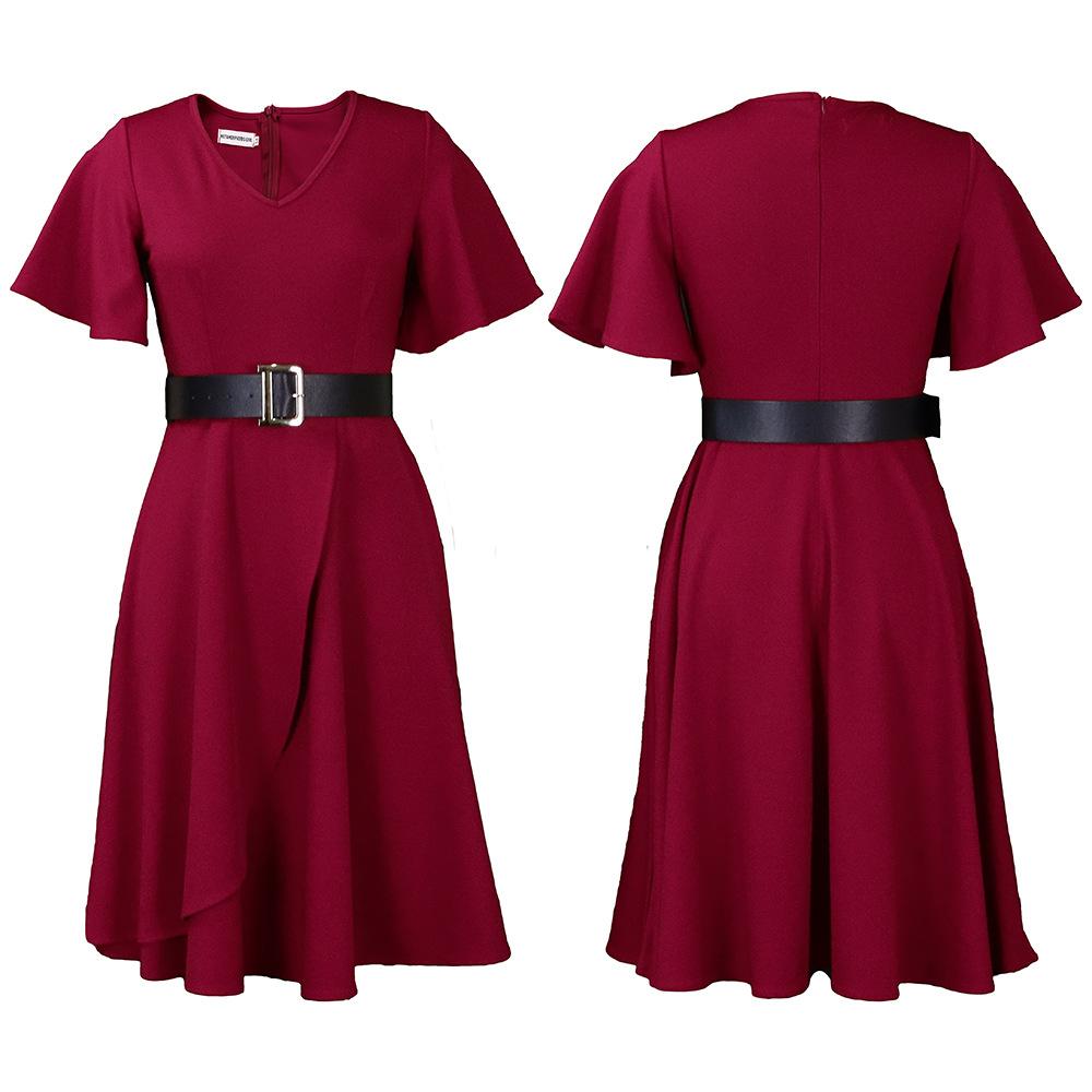 IHUASU Belt Summer Women's Dress with Flared Sleeves Solid Color Plus-size V-Neck High Waist Dress