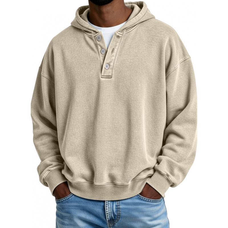 2025 European & American Men's Solid Color Hooded Sweatshirt - Three-Button, Loose Fit, Long Sleeve Jacket for Spring & Autumn