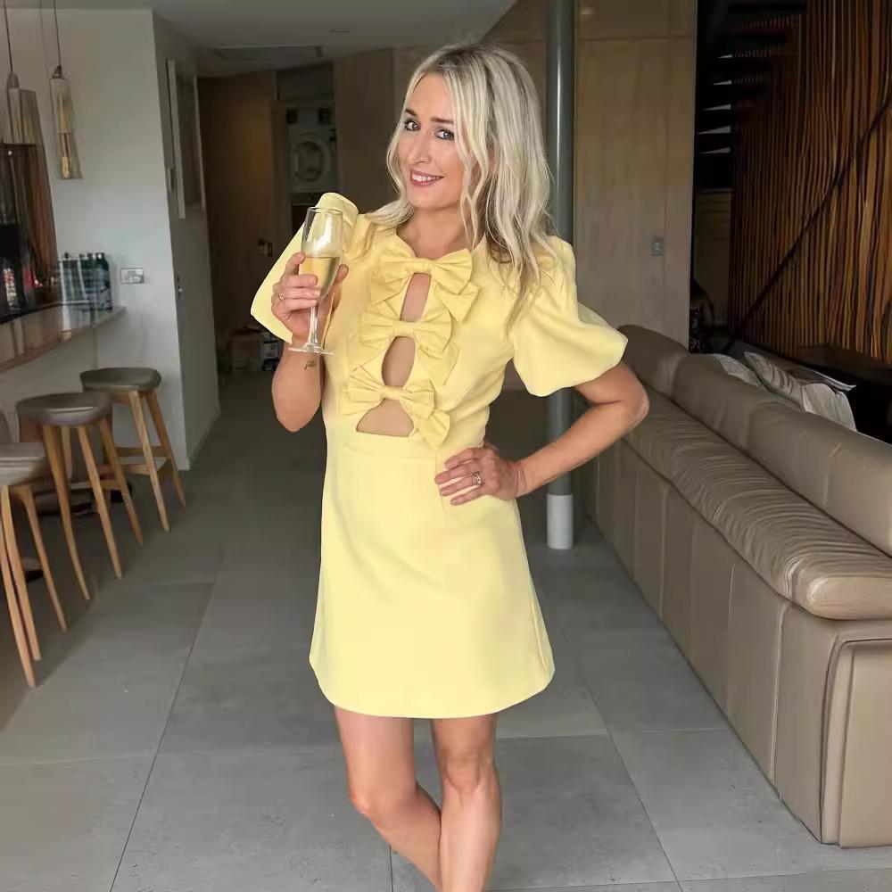 

Spring 2024 Women s Fashion Bowknot Print Dress Small жёлтый