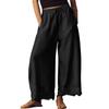 Women Casual Wide Leg Pants Elastic Waistband Drawstring Waist Patchwork Lace Hem Loose Fit Palazzo Trousers for Everyday Wear