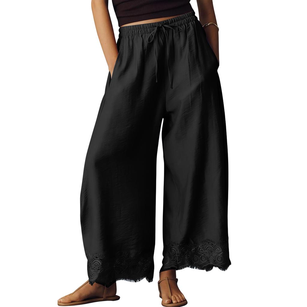 Women Casual Wide Leg Pants Elastic Waistband Drawstring Waist Patchwork Lace Hem Loose Fit Palazzo Trousers for Everyday Wear