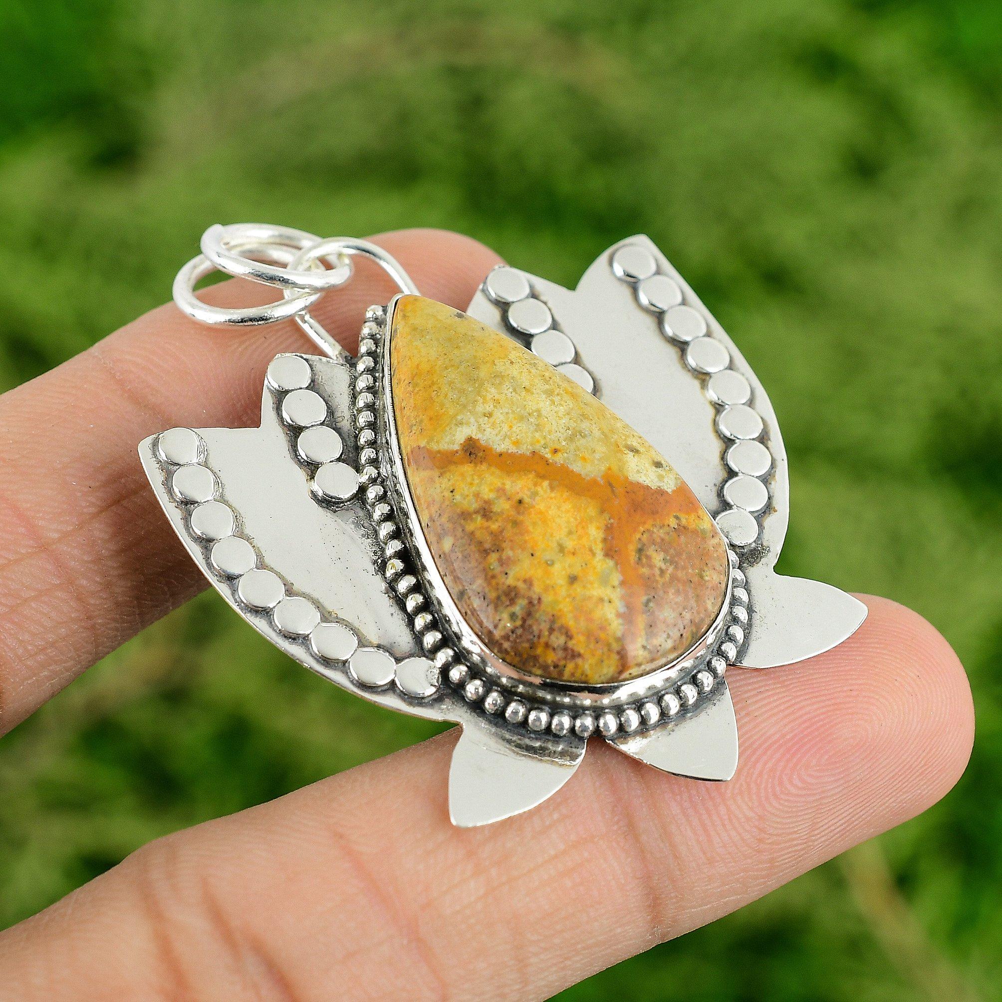 

925 Sterling Silver Pear Natural Picture Jasper Lotus Handmade Pendant Jewelry