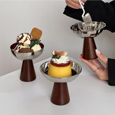 Fruit Bowl Restaurant Cake Ice Cream Desktop Stainless Steel Wooden Foot Dessert Tall Cup Dessert Bowl Decoration Storage Trays