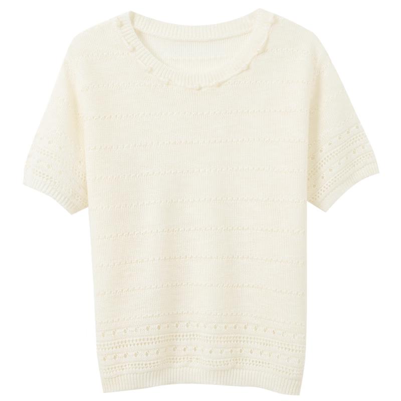 Sancai 2026 Summer Beaded Hollow Knit Short Sleeve Top M